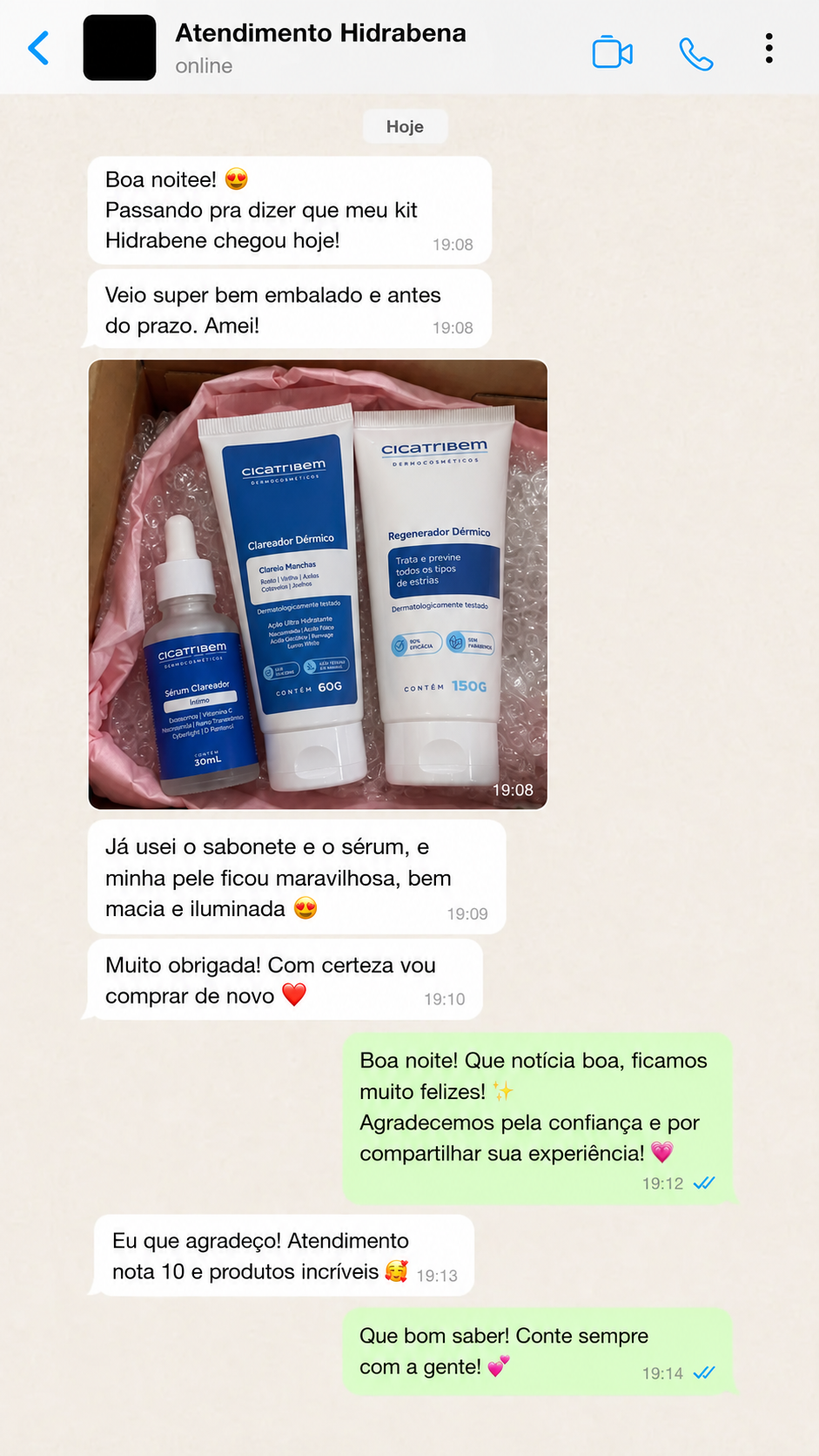 Conversa completa sobre o recebimento do kit e foto dos três produtos
