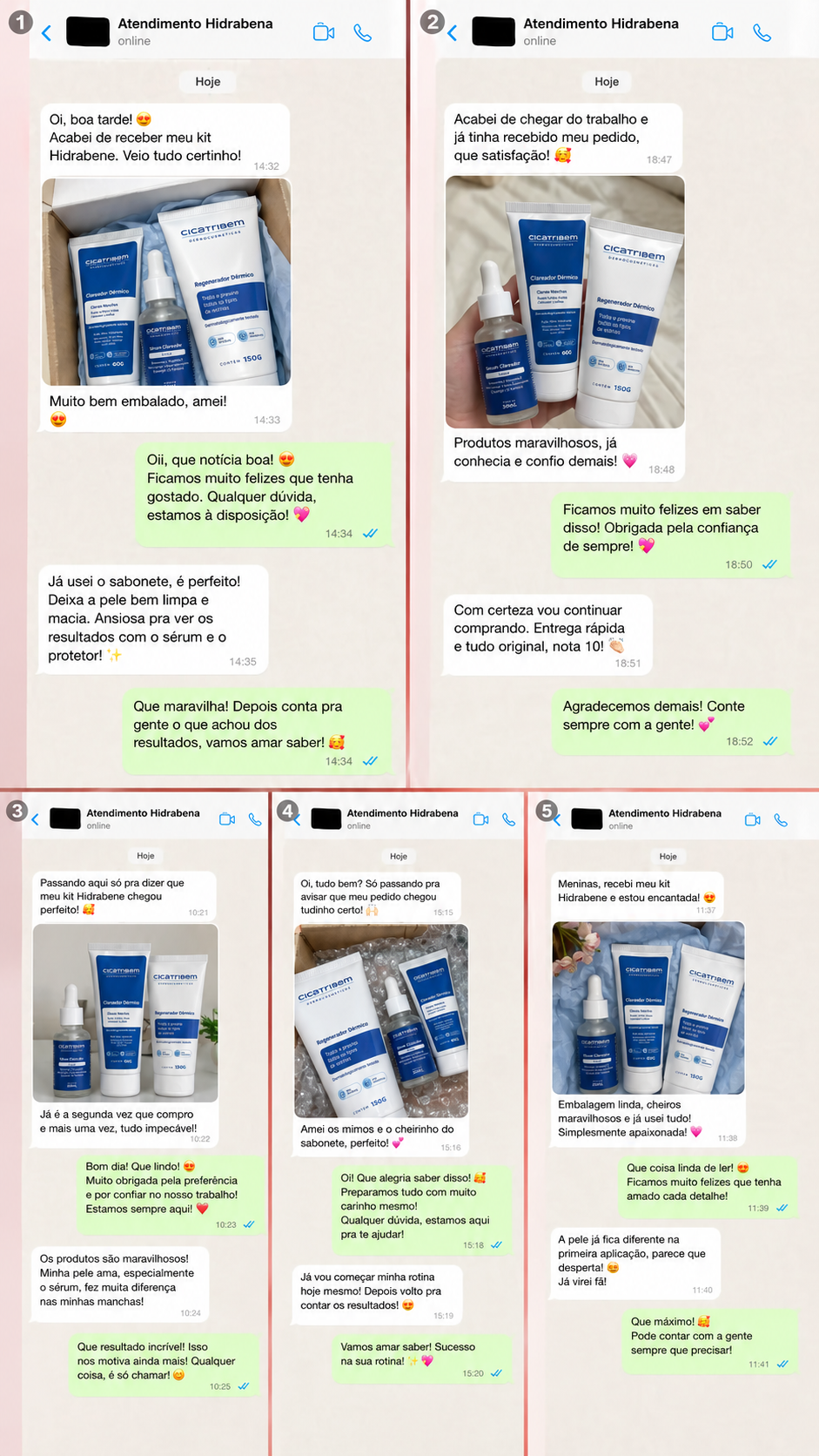 Montagem completa com cinco conversas e fotos dos kits recebidos